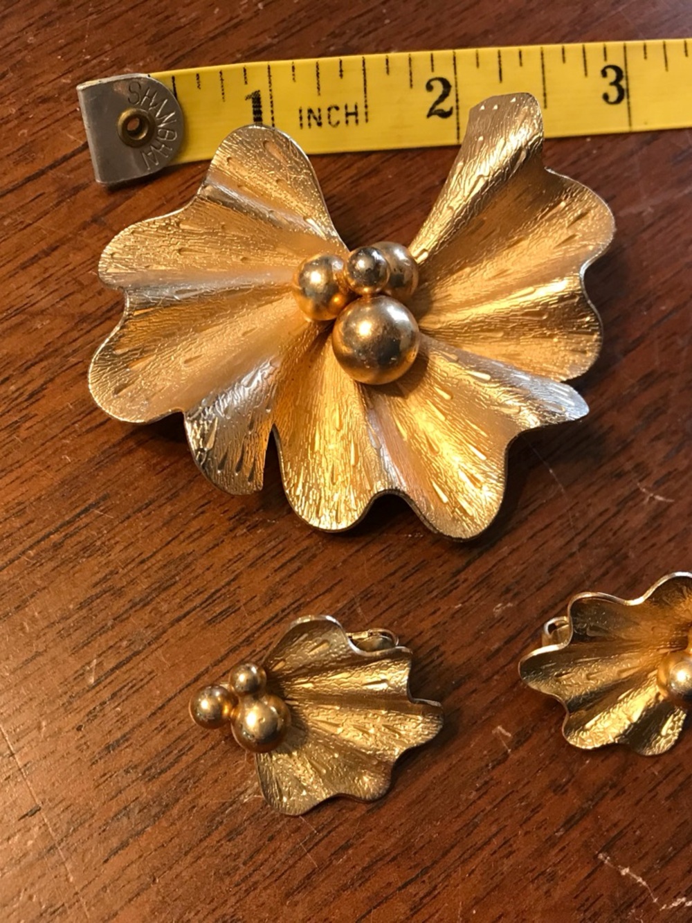 Coro Gold-Tone Floral Brooch with Matching MCM Clip Earrings